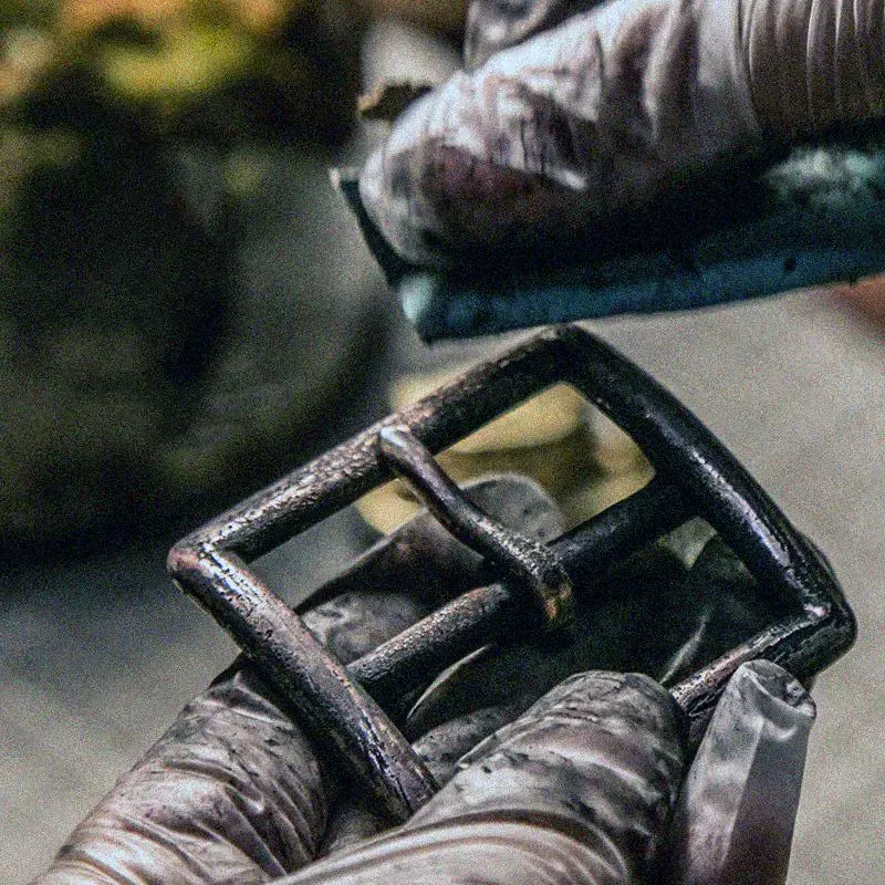 Rugged Vintage Leather Belt with Distressed Etched Copper Buckle