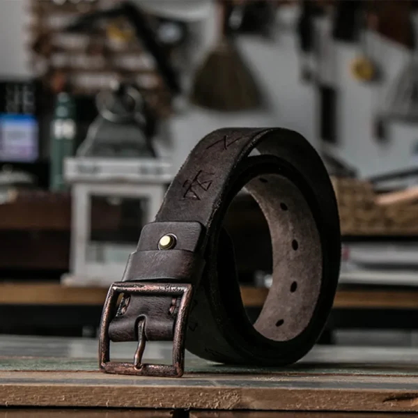 Rugged Vintage Leather Belt with Distressed Etched Copper Buckle