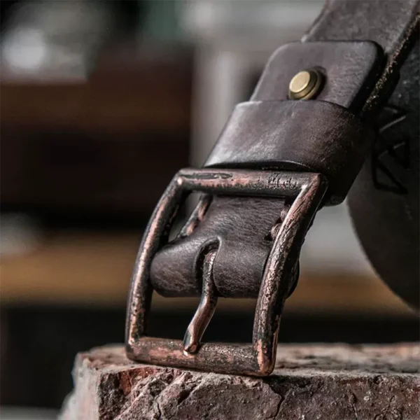 Rugged Vintage Leather Belt with Distressed Etched Copper Buckle