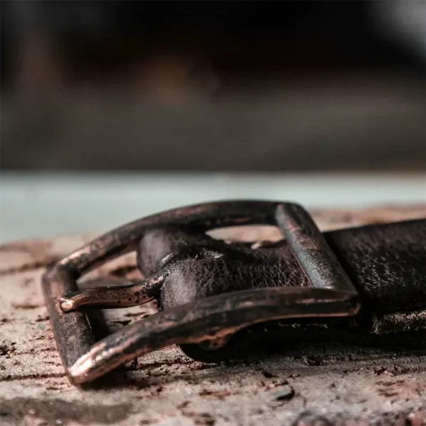 Rugged Vintage Leather Belt with Distressed Etched Copper Buckle