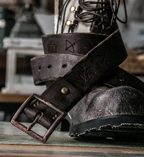 Rugged Vintage Leather Belt with Distressed Etched Copper Buckle