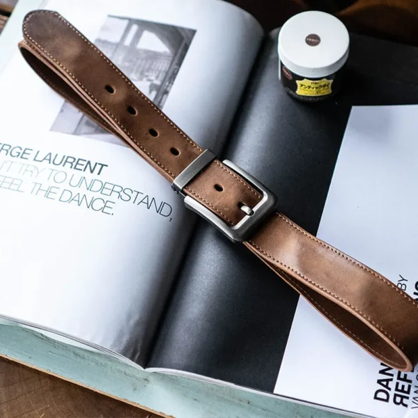 Vintage Pin Buckle Men's Workwear Distressed Leather Belt Brown